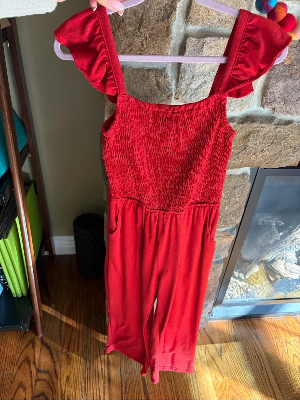 Red Smocked Romper with Ruffle Straps size 8